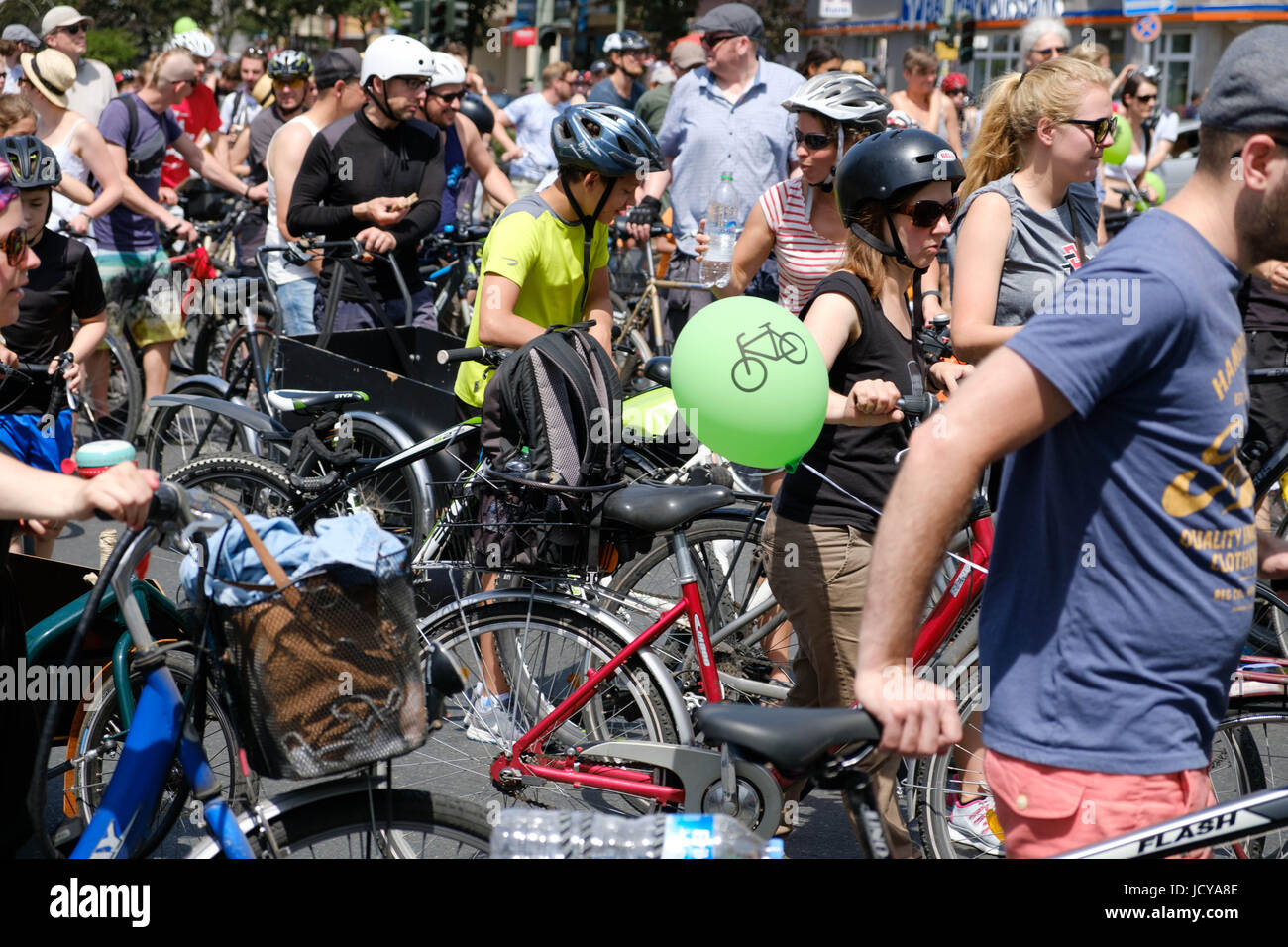 Berlin, Germany - june 11, 217: Many people on bicycles on a bicycle demonstration (Sternfahrt) in Berlin, Germany. Stock Photo