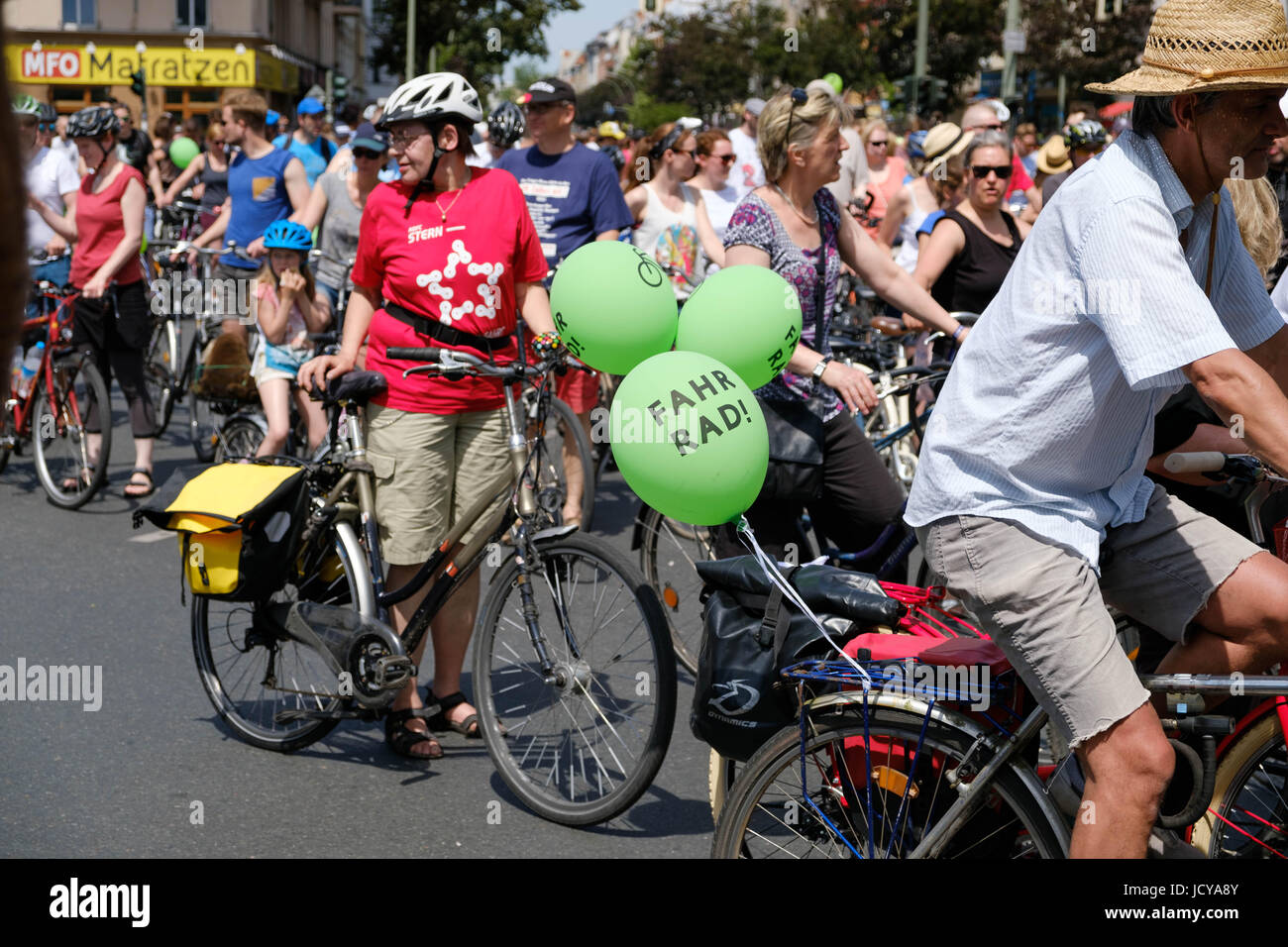Berlin, Germany - june 11, 217: Many people on bicycles on a bicycle demonstration (Sternfahrt) in Berlin, Germany. Stock Photo