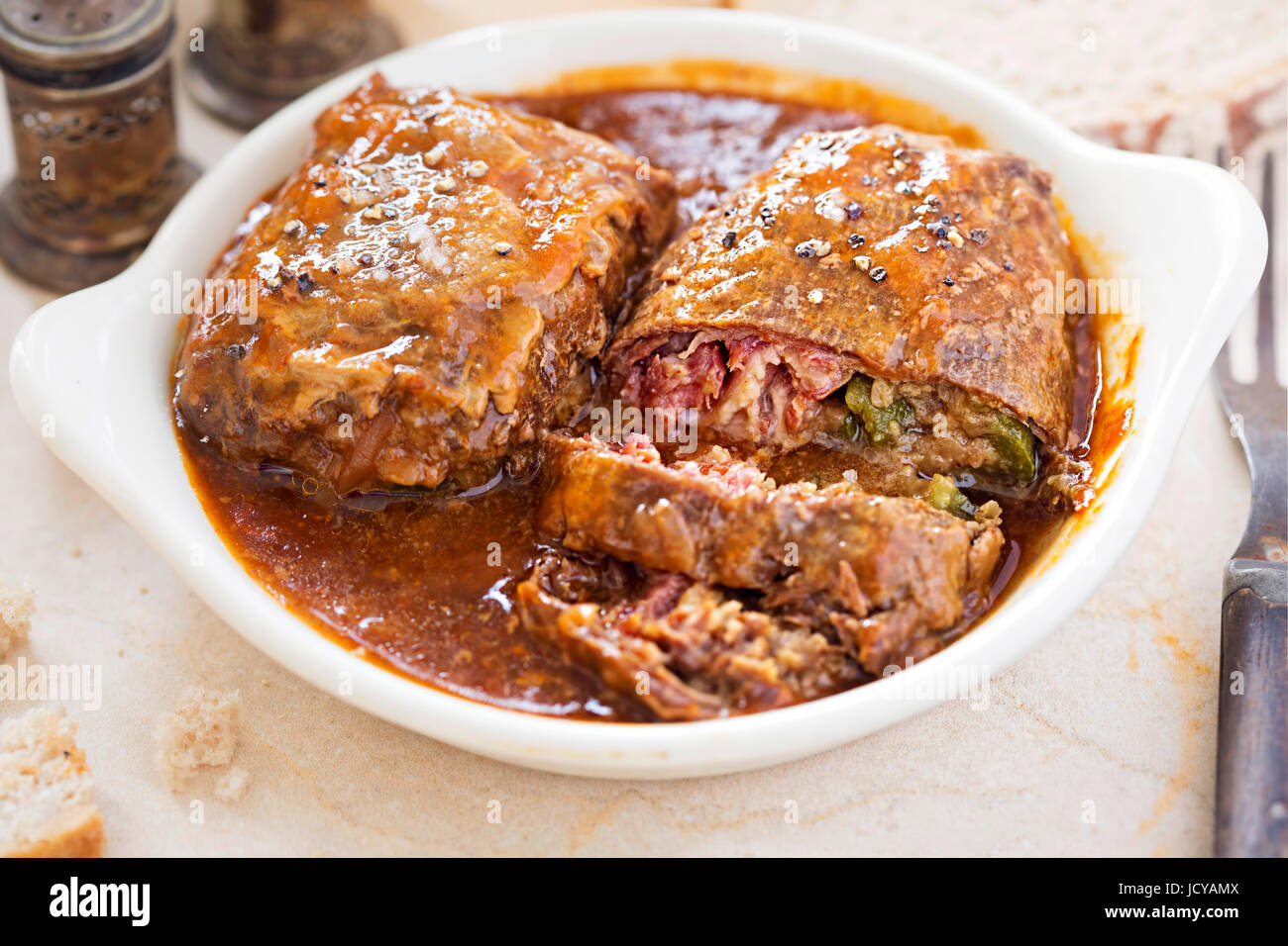 Zrazy Polish beef roulades with bacon and gherkins Stock Photo Alamy