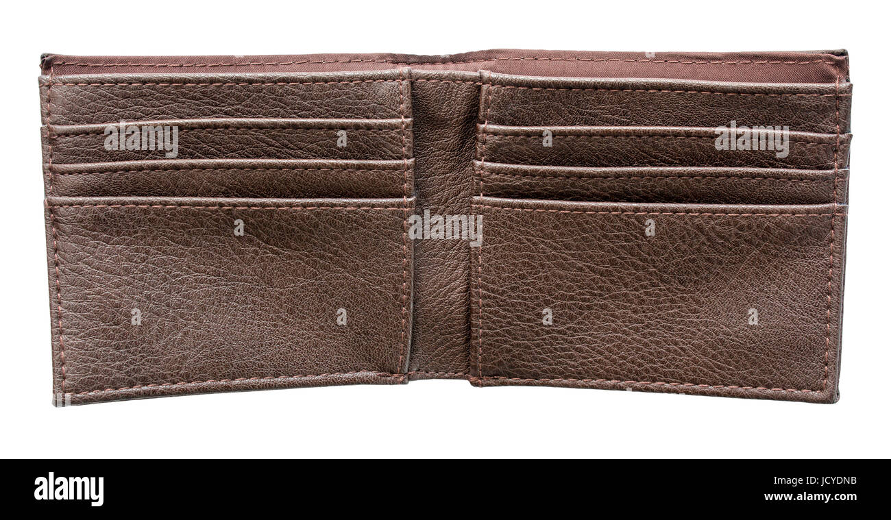 Brown leather men's wallet open and empty on an isolated white background with a clipping path Stock Photo