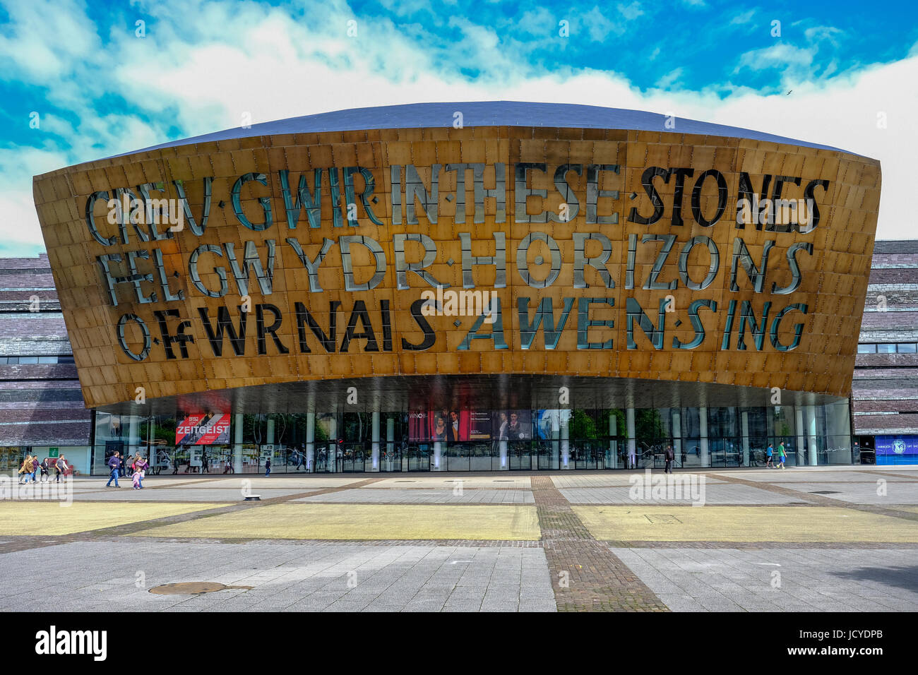 Cardiff Bay, Wales - May 20,2017: Millennium Centre for Arts, face-on view. 'Creating trth like glass from inspiration's furnace.' Stock Photo