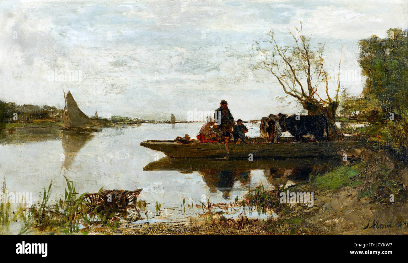 Jacob Maris, Ferry 1870 Wood and plaster frame, partially gilded. Gemeentemuseum Den Haag, The Hague, Netherlands. Stock Photo