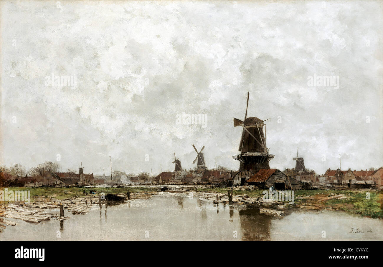 Jacob Maris, The Five Windmills 1878 Oil on canvas. Centraal Museum in Utrecht, Netherlands. Stock Photo
