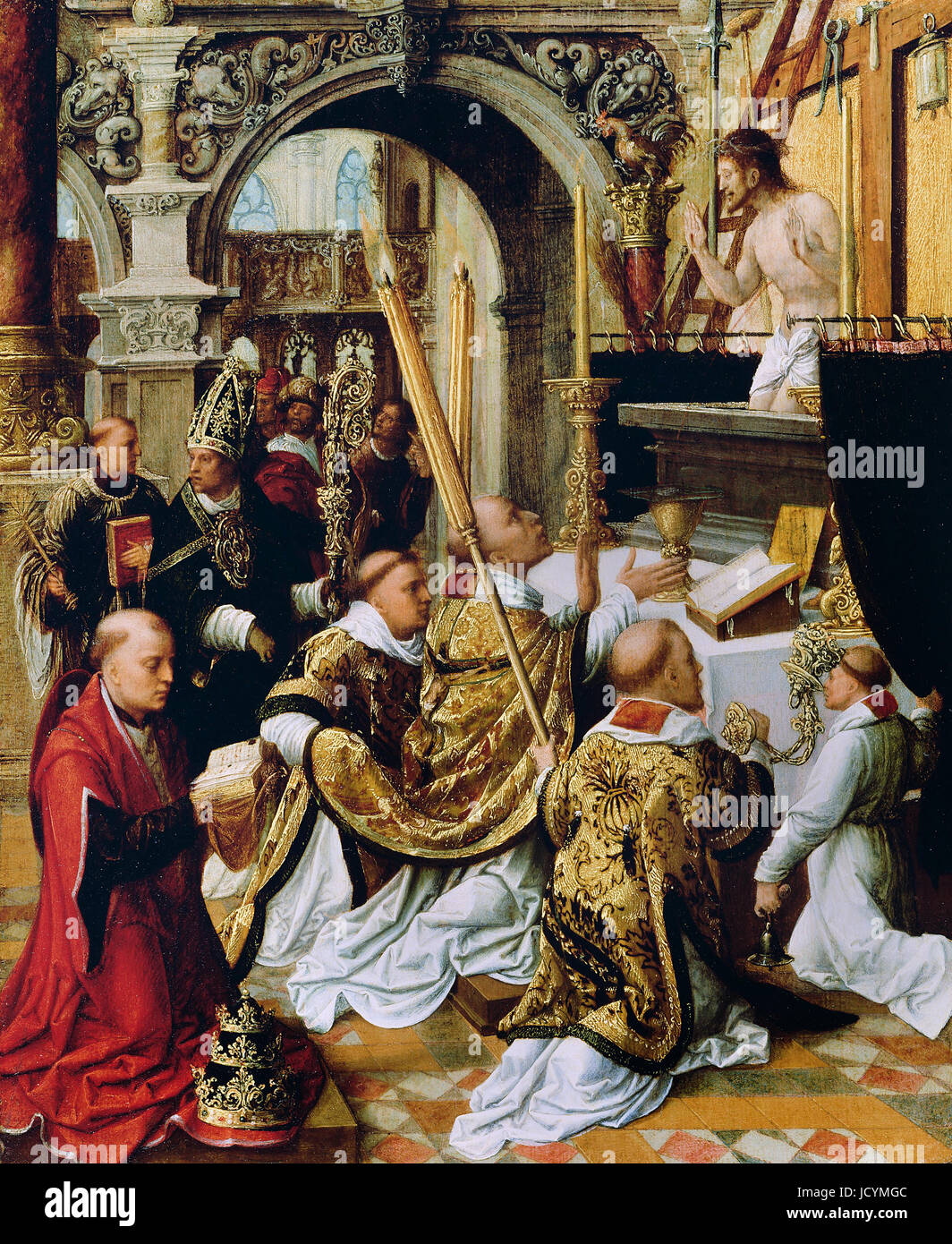 0Adriaen Ysenbrandt, The Mass of Saint Gregory the Great. Circa 1510-1550. Oil on panel. Getty Center, Los Angeles, USA. Stock Photo