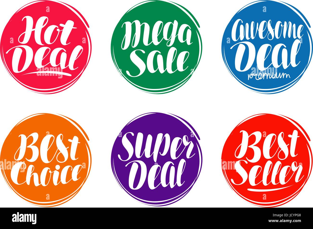 Sale label set. Hot deal, best choice, seller icon or symbol. Handwritten lettering, calligraphy vector illustration Stock Vector
