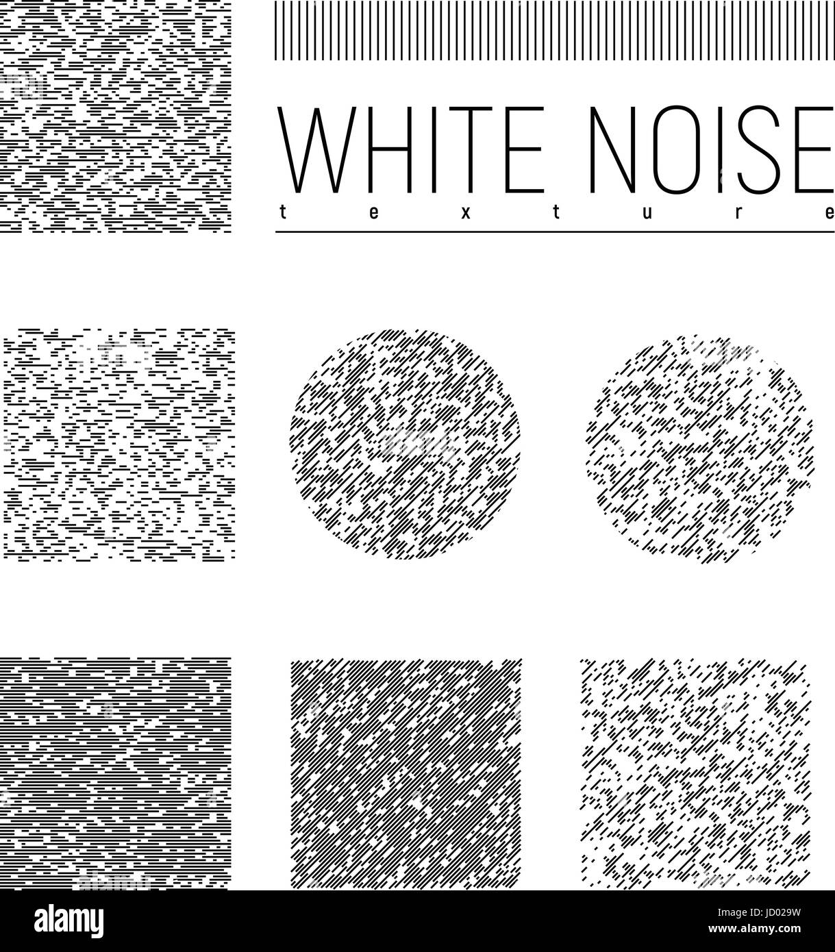 No signal TV textures set, round and square shape with different angles of inclination, vector patterns. White noise interference Stock Vector