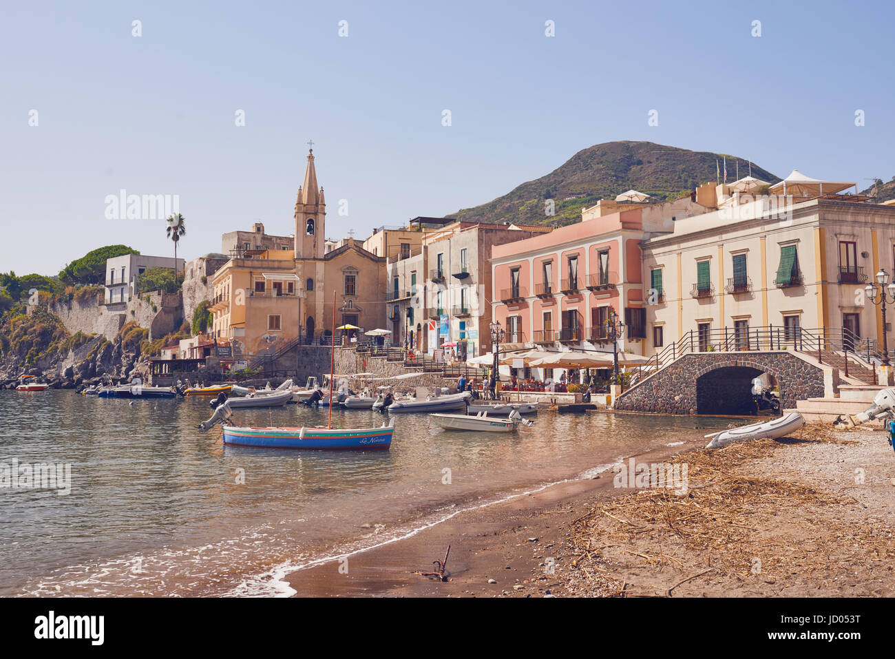 Aeolian Islands - Lipari - Sicily - Harbor, church in the background Stock Photo