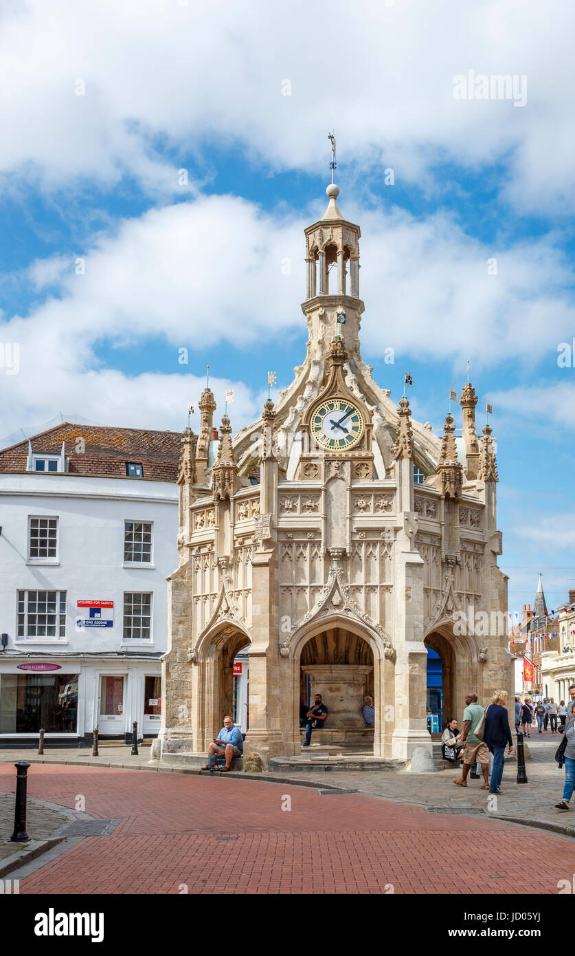 Chichester Cross, a Caen stone market cross in the centre of Chichester, a city in and county town of West Sussex, south coast England, UK Stock Photo