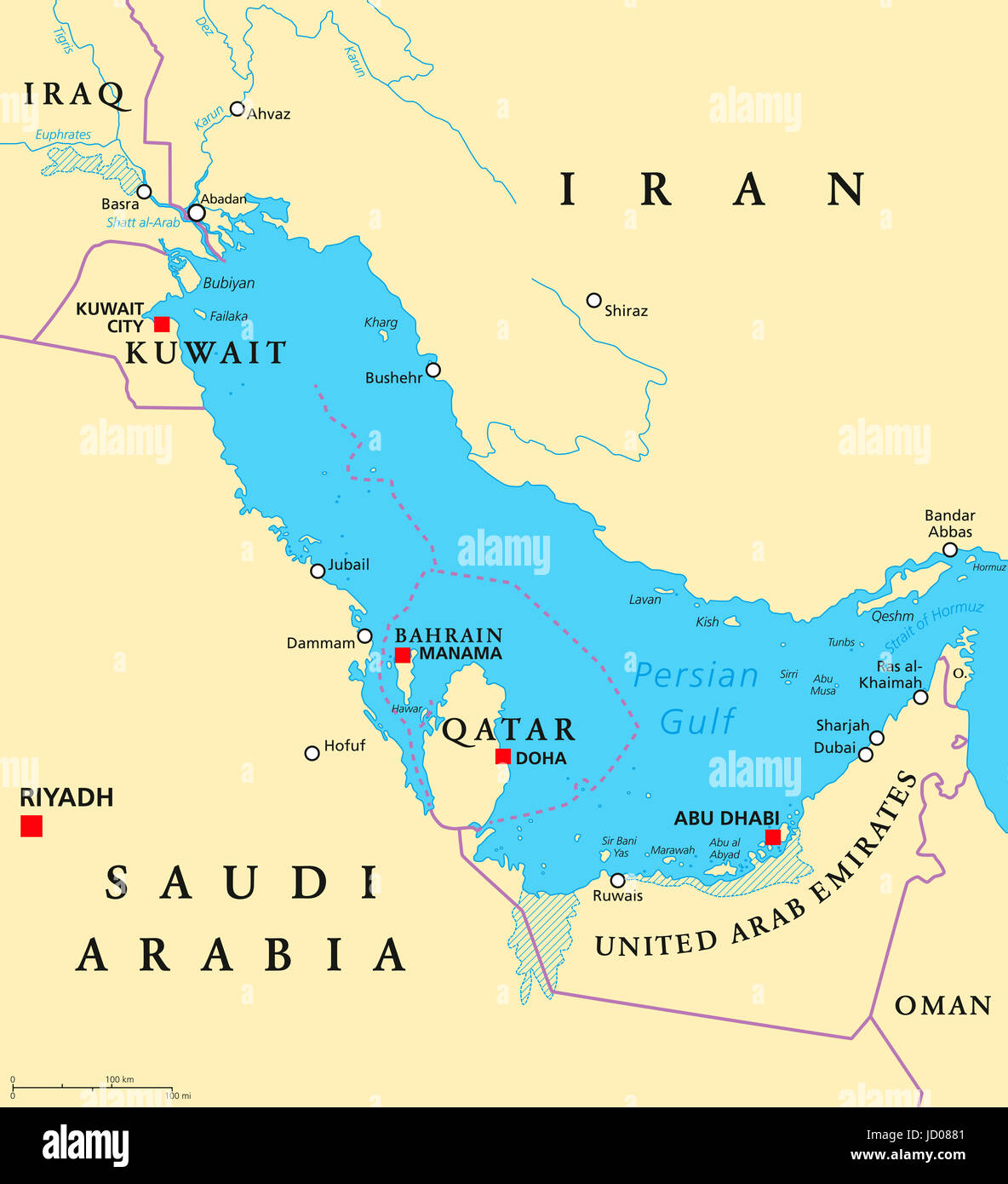 Persian Gulf region countries political map. Iran, Iraq, Kuwait, Qatar, Bahrain, United Arab Emirates, Saudi Arabia, Oman. Illustration. English. Stock Photo