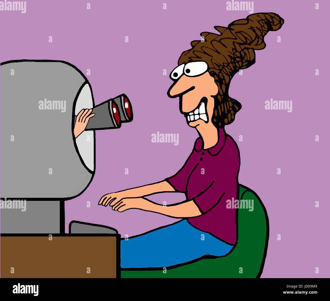 Business cartoon illustration of a businesswoman stressed at the company spying on her computer usage. Stock Photo