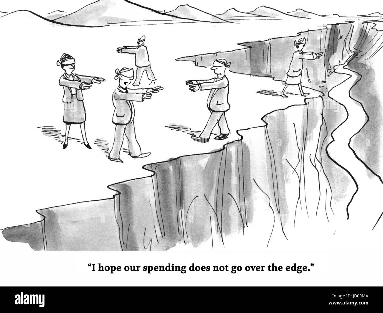 Business cartoon depicting the possibility of overspending the budget. Stock Photo
