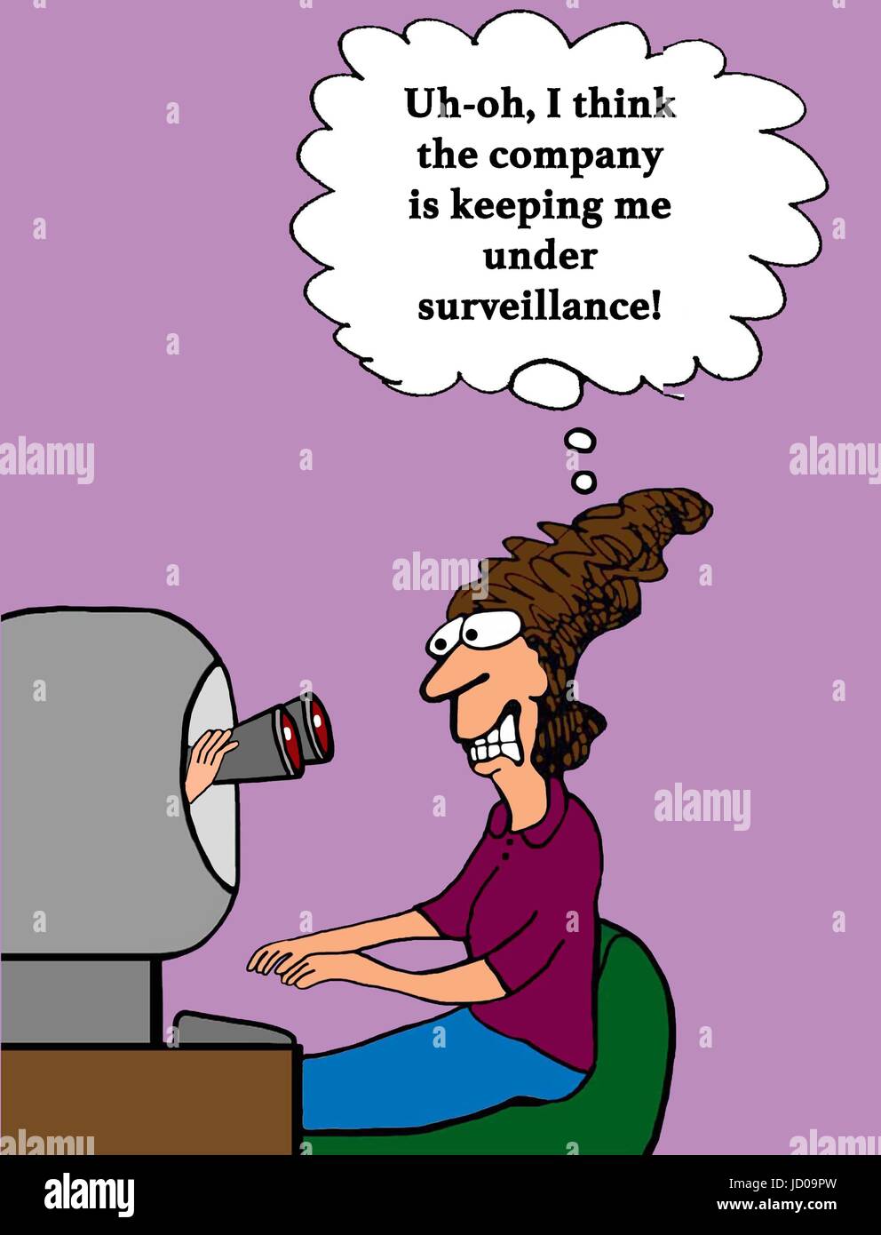 Business cartoon about a company keeping a business woman under surveillance. Stock Photo