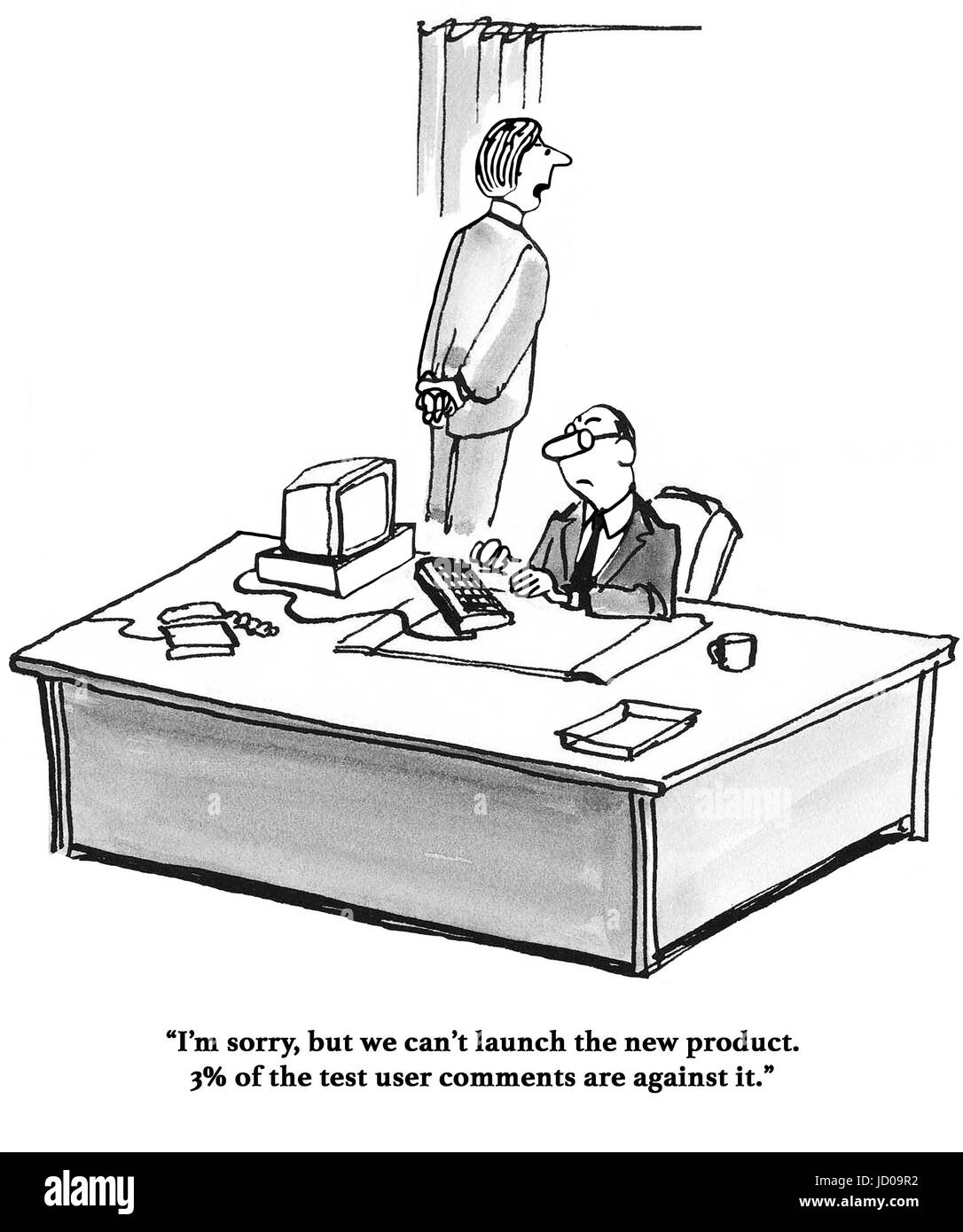Business cartoon about not being able to launch a new product based on user responses. Stock Photo