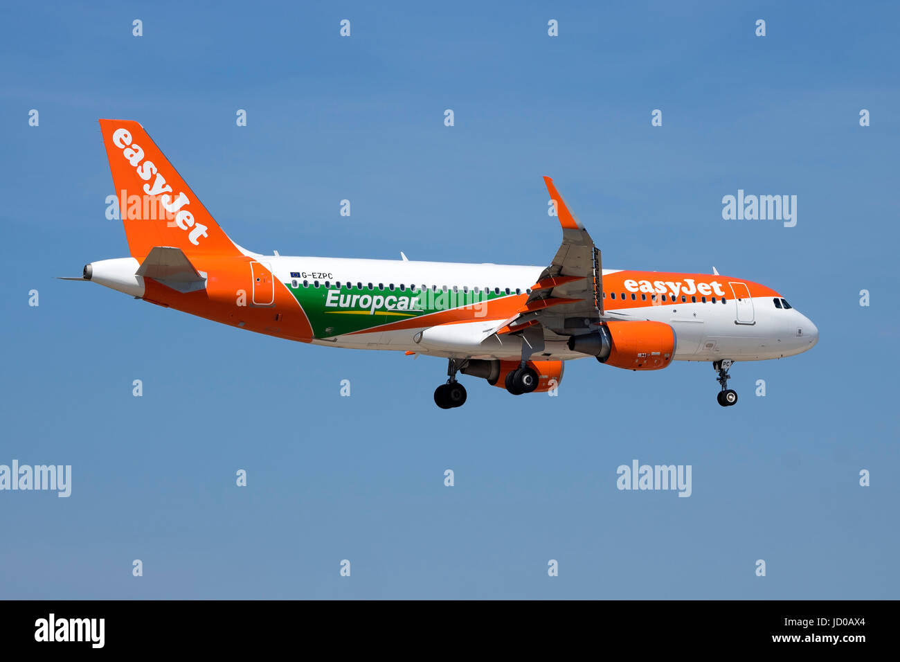 EasyJet Airline Airbus A320-214 [G-EZPC] with a special color scheme promoting Europcar. Stock Photo