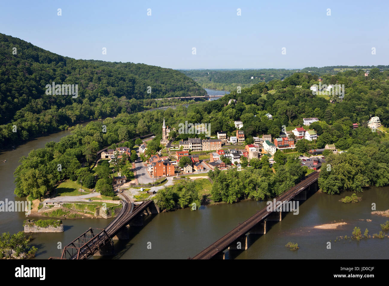 Aerial view of the town of Harpers Ferry, West Virginia, which includes Harpers Ferry National Historical Park, located between the Potomac River and  Stock Photo