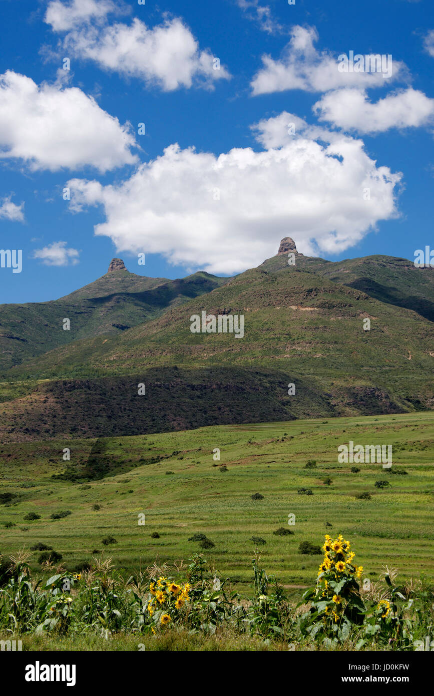 Landscape with twin peaks Maseru District Lesotho Southern Africa Stock Photo