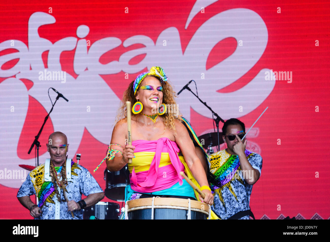 Liverpool, UK. 17th June, 2017. Katumba drummers. Africa Oye celebrates 25 years of African music & dance with its annual free 2 day festival in Sefton Park. A popular free festival of African music and culture celebrates its 25th. year. The free annual event covering two days started shortly after midday when 'Staged Kaos', a group of young children sang and danced. Credit: Dave Ellison/Alamy Live News Stock Photo