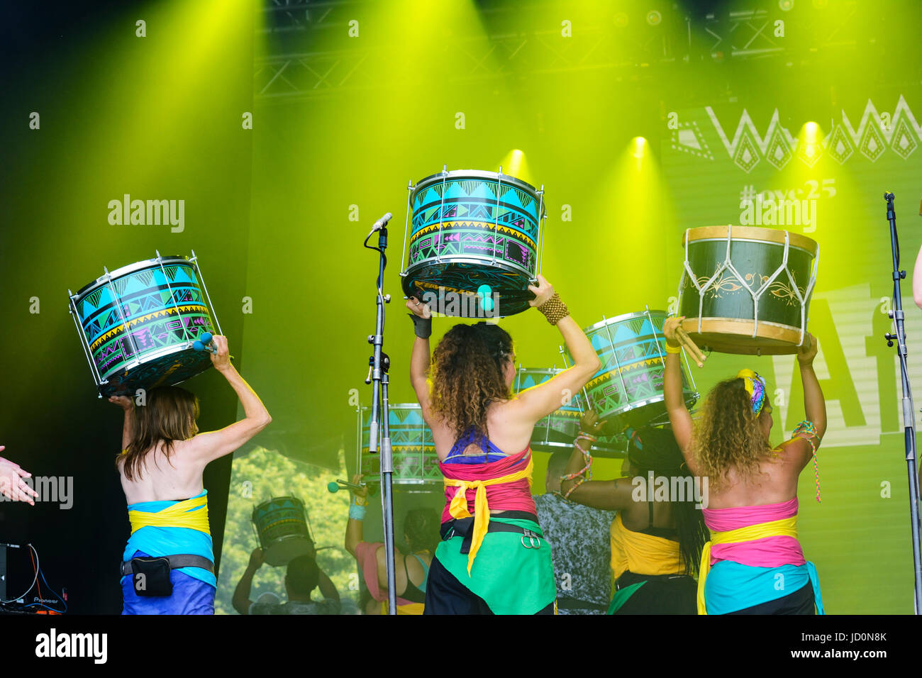 Liverpool, UK. 17th June, 2017. Katumba drummers. Africa Oye celebrates 25 years of African music & dance with its annual free 2 day festival in Sefton Park. A popular free festival of African music and culture celebrates its 25th. year. The free annual event covering two days started shortly after midday when 'Staged Kaos', a group of young children sang and danced. Credit: Dave Ellison/Alamy Live News Stock Photo