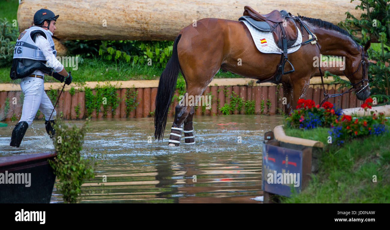 Luhmuehlen, Germany. 17th June, 2017. Spanish eventing rider Gonzalo Blasco Botin after falling into a water hurdle on his horse Sij Veux d'Autize in Luhmuehlen, Germany, 17 June 2017. Photo: Philipp Schulze/dpa/Alamy Live News Stock Photo