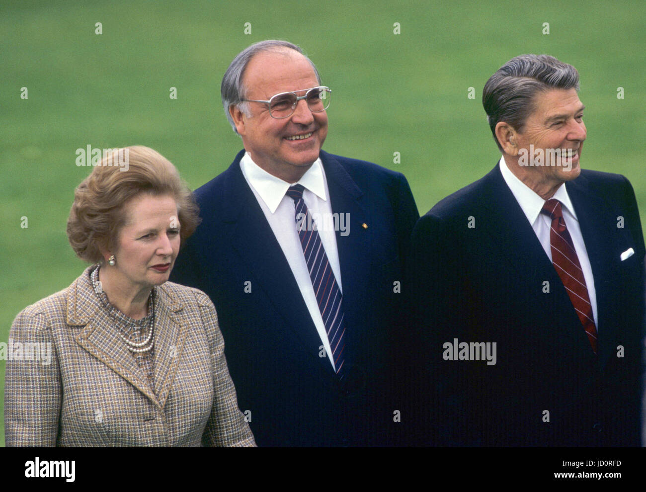 FILE - A file picture dated 3 May 1985 shows British Prime Minister Margaret Thatcher, German Chancellor Helmut Kohl and US President Ronald Reagan (l-r) at the Weltwirtschaftsgipfel (lit. World Economic Summit) in Bonn, Germany. Helmut Kohl died at the age of 87 on 16 June 2017. Photo: dpa Stock Photo