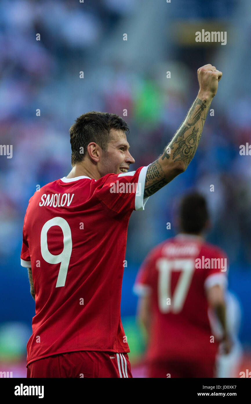 St. Petersburg, Russia. 17th June, 2017. Fedor Smolov of Russia celebrates his scoring during the group A match between Russia and New Zealand of the 2017 FIFA Confederations Cup in St. Petersburg, Russia, on June 17, 2017. Russia won 2-0. Credit: Wu Zhuang/Xinhua/Alamy Live News Stock Photo