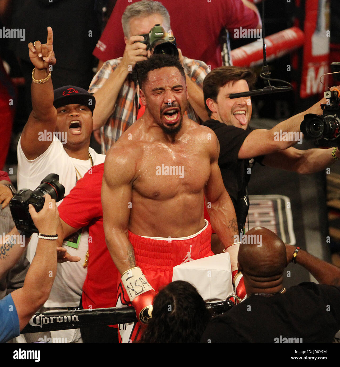 Las Vegas, Nevada, USA. June, 2017. WBA, WBC and IBF Light Heavyweight Boxing Champion Andre Ward celebrates after challenger Sergey Kovalev in the 8th round of their rematch on June