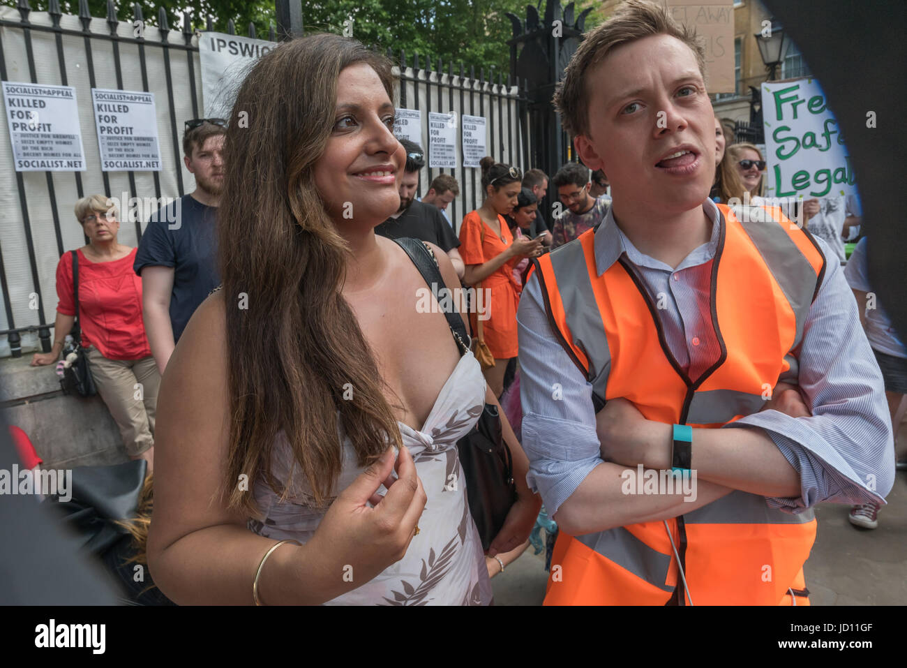 June 17, 2017 - London, UK - London, UK. 17th June, 2017. Sabby Dhalu of Stand up to Racism and protest organiser Owen Jones at the Downing St protest calling on Theresa May to resign. Mostly made up of vocal supporters of Jeremy Corbyn, buoyed up by the election results which showed him to be eminently electable, there were speeches by Labour MPs Marsha De Cordova who gained Battersea from the Conservatives, Rupa Huq who greatly increased her tiny majority and Shadow Education Secretary Angela Rayner. There were others who spoke about the DUP, as a party intrinsically linked with Protestant t Stock Photo