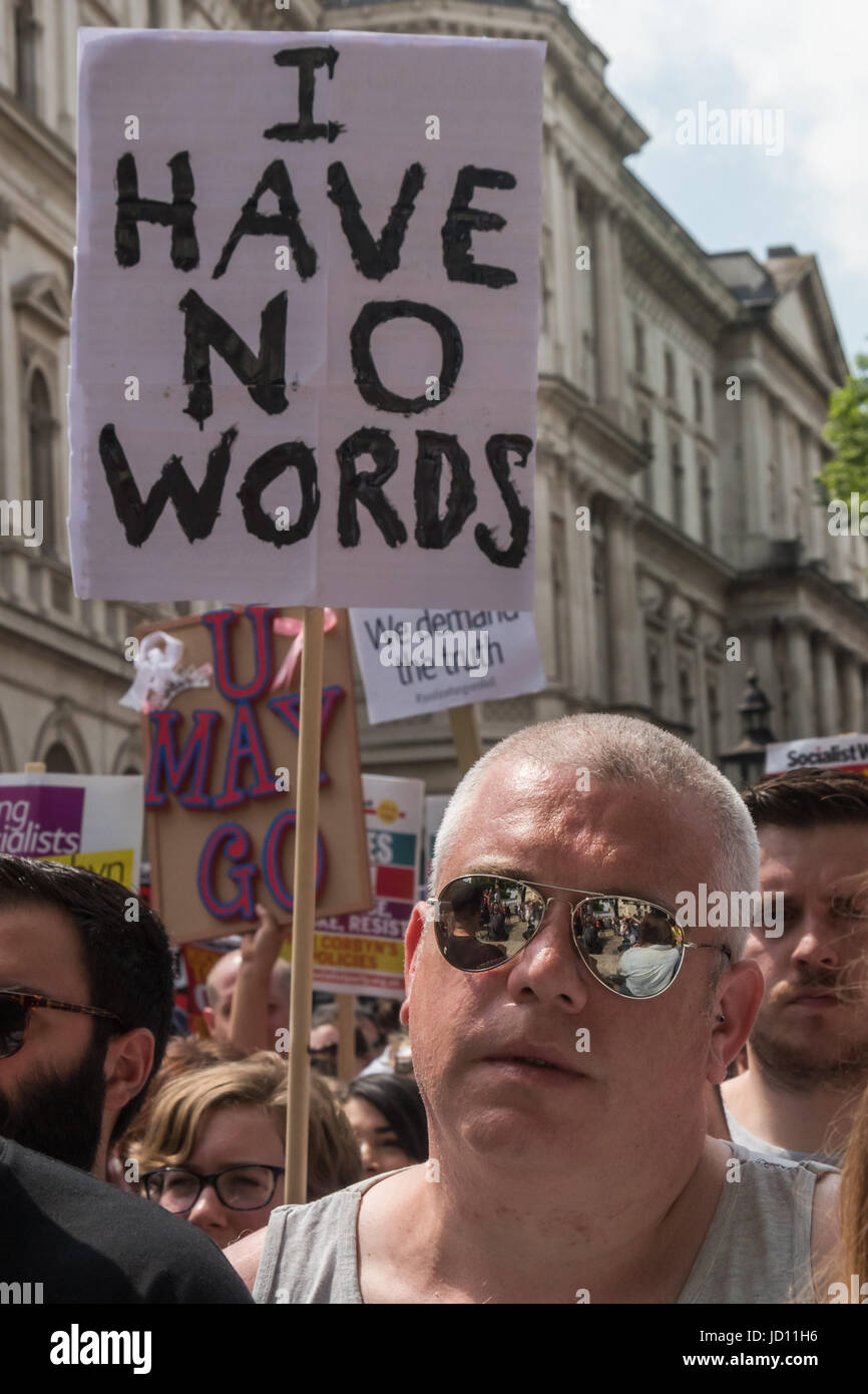 June 17, 2017 - London, UK - London, UK. 17th June, 2017. A placard reads 'I have No Words' at the protest at Downing St calls on Theresa May to resign for collaborating with the DUP. Mostly made up of vocal supporters of Jeremy Corbyn, buoyed up by the election results which showed him to be eminently electable, there were speeches by Labour MPs Marsha De Cordova who gained Battersea from the Conservatives, Rupa Huq who greatly increased her tiny majority and Shadow Education Secretary Angela Rayner. There were others who spoke about the DUP, as a party intrinsically linked with Protestant te Stock Photo