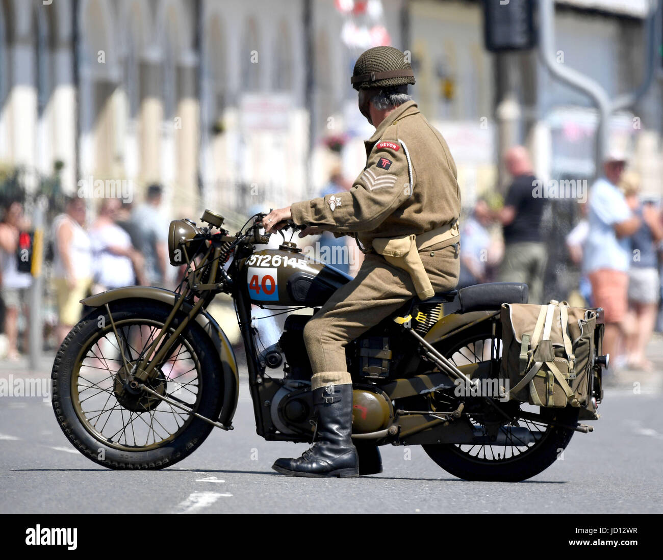 Weymouth, Dorset, UK. 18th June, 2017. Wartime vintage motorcycle Credit: Finnbarr Webster/Alamy Live News Stock Photo