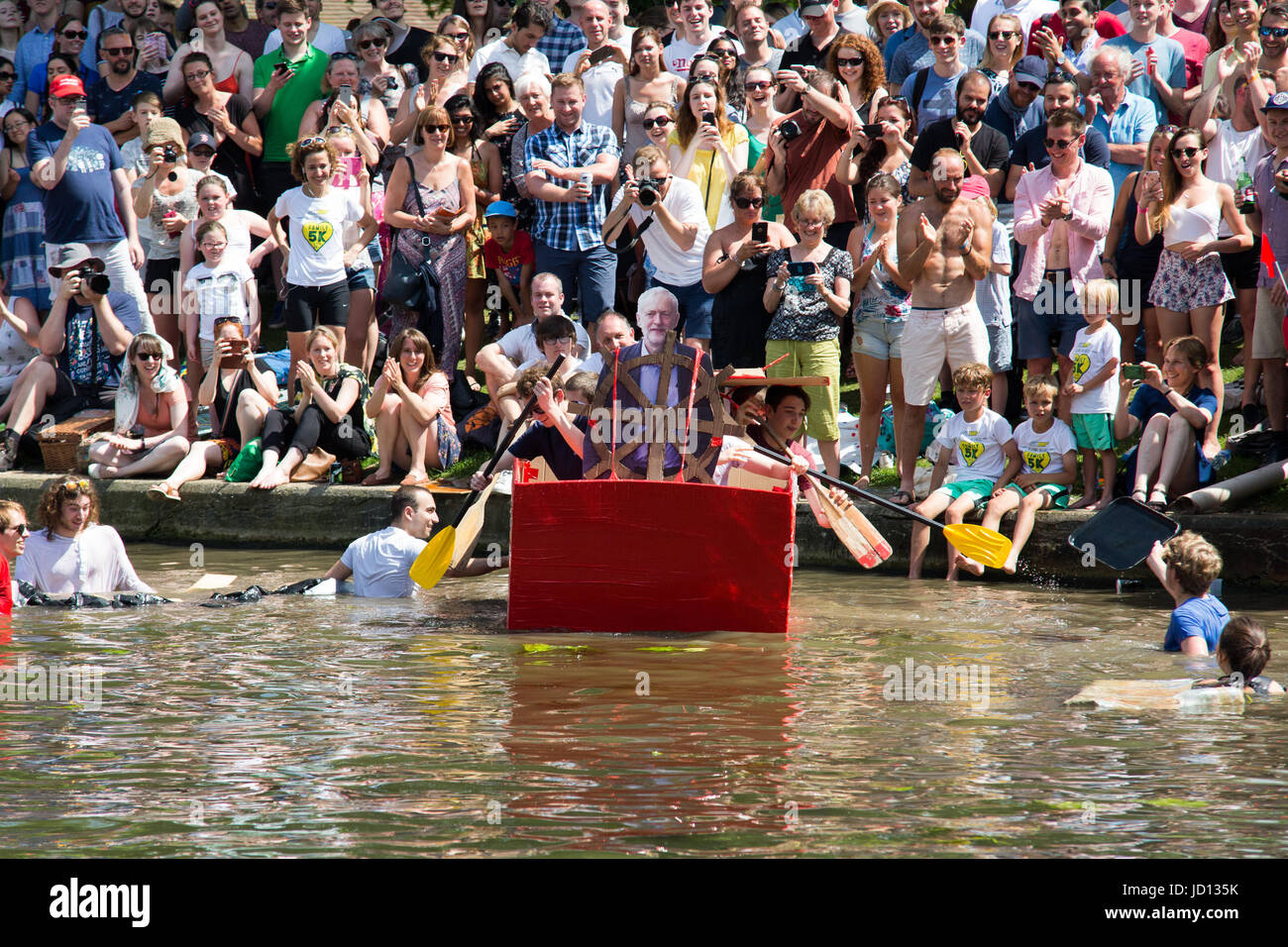 Cambridge, UK. 18th, June, 2017 A cardboard Jeremy Corbyn makes an appearance at annual May week Cardboard Boat Race on the River Cam. CamNews / Alamy Live News Stock Photo