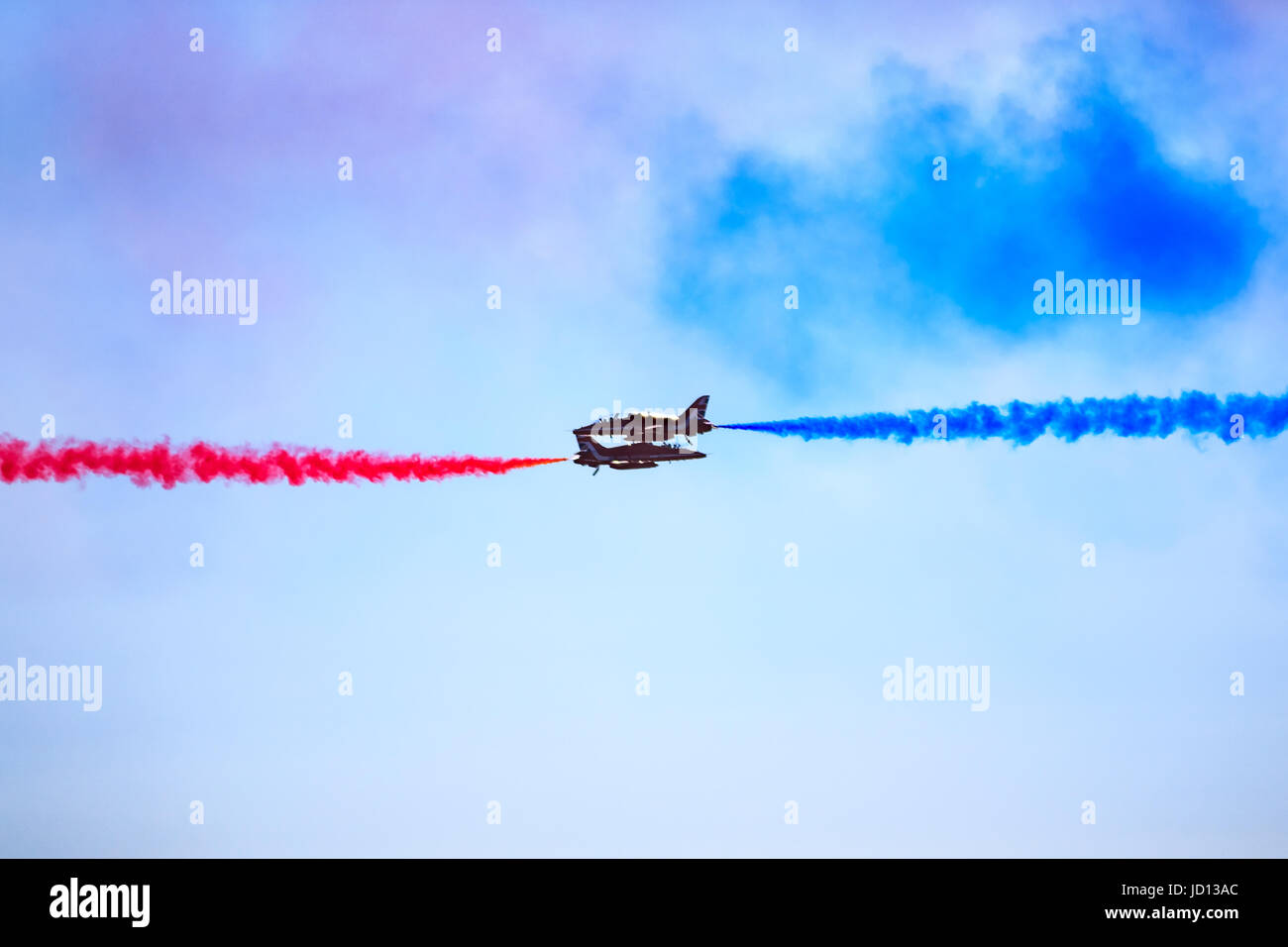 Weston-Super-Mare, England, UK. 17th June, 2017. RAF Red Arrows perform perilously close, head on pass at Weston Air Festival. Credit: Hannah Vineer/Alamy Live News. Stock Photo