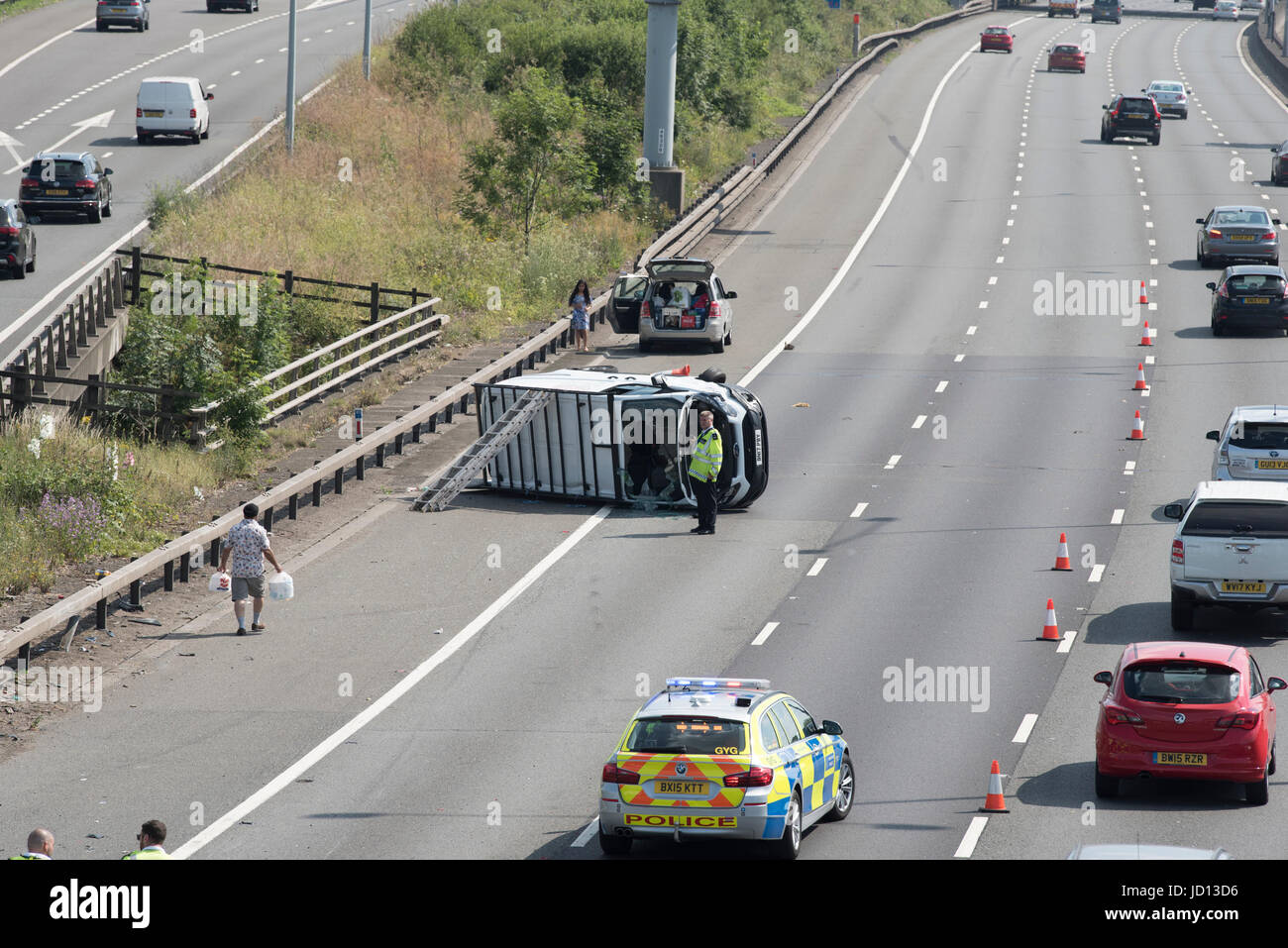 London, UK. 18th June 2017. The M25 motorway was closed between J14 and J15 (anti-clockwise) after a road traffic collision, an air ambulance was called to the scene. Credit: Peter Manning/Alamy Live News Stock Photo