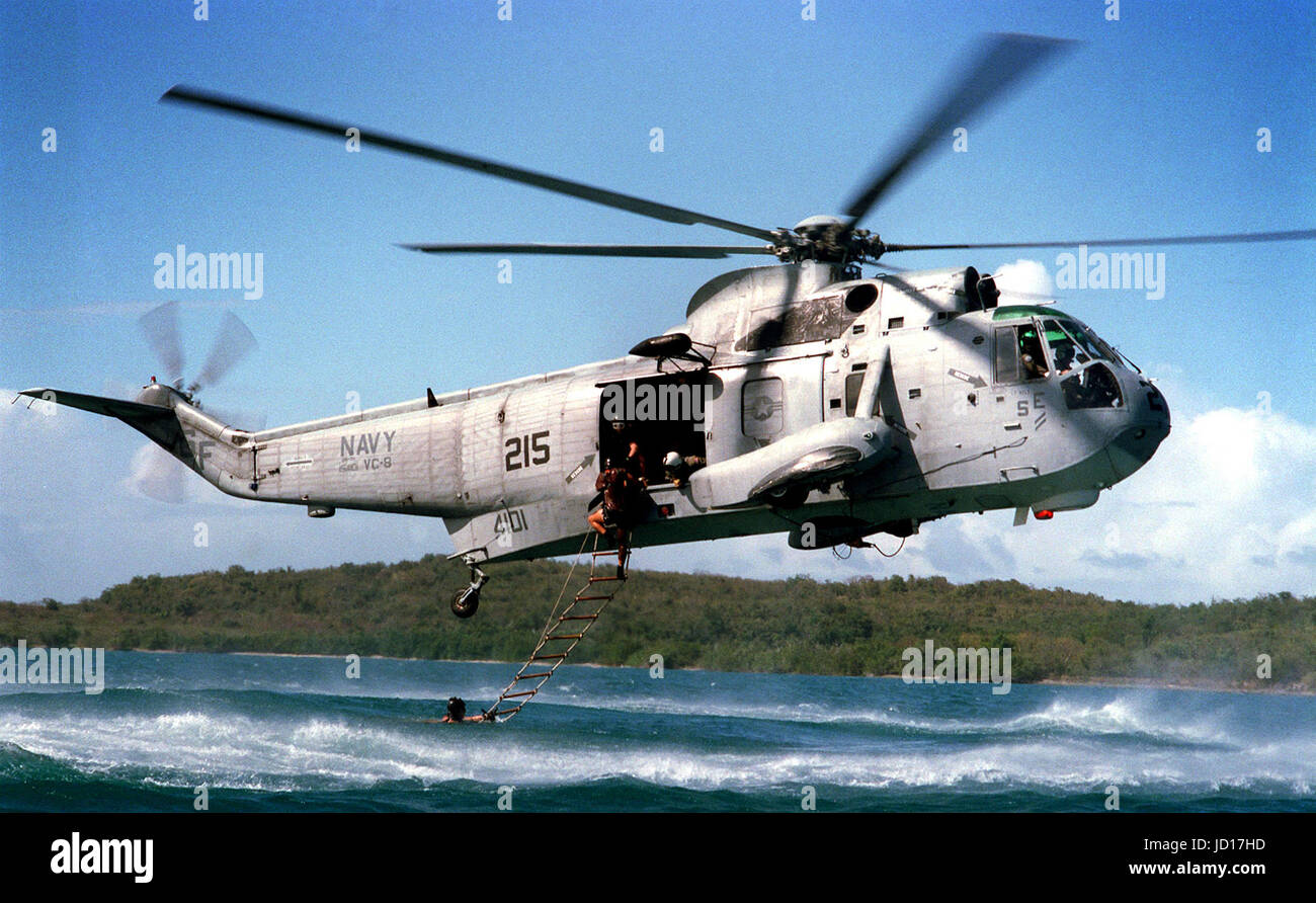 A U.S. Navy SH-3H Sea King helicopter hovers over the water to recover Explosive Ordnance Disposal technicians climbing a ladder to the aircraft.  DoD photo by Petty Officer 1st Class Michael Rinaldi, U.S. Navy Stock Photo