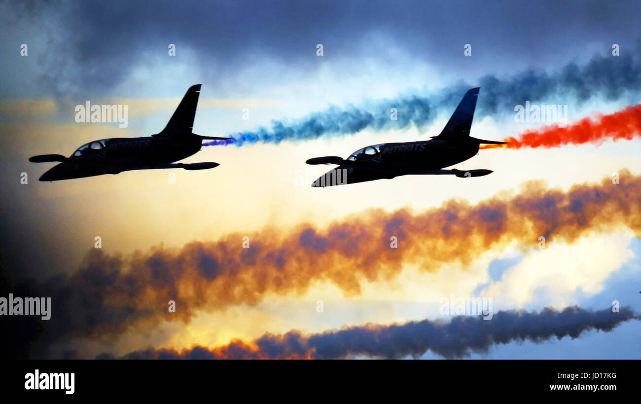 Patriot L-39 jets lay smoke trails as they fly in formation over Marine Corps Air Station Miramar . U.S. Navy photo by Mass Communication Specialist Seaman Daniel A. Barker Stock Photo