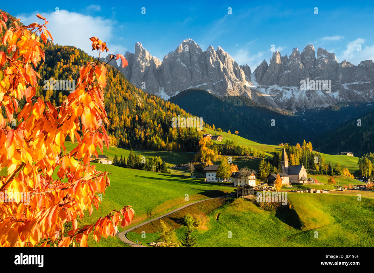 Small village Sankt Magdalena with church and houses in the Villnoesstal with Geisler Dolomites mountains and autumn foliage in Funes valley, Italy. Stock Photo