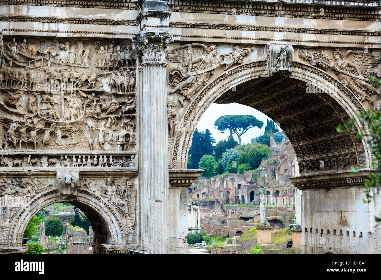 View of Roman Forum through iconic Arch of Titus on the Via Sacra Stock ...