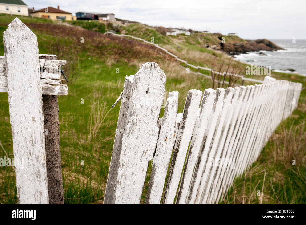 Weathered Fence in Pouch Cove, Avalon Peninsula, Newfoundland, Canada Stock Photo