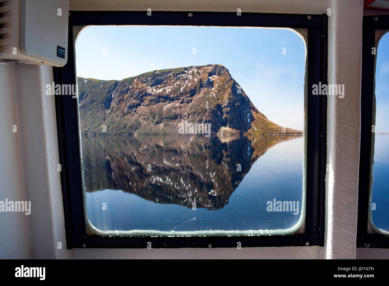 View from window on boat tour on Western Brook Pond, Gros Morne National Park, Newfoundland, Canada Stock Photo