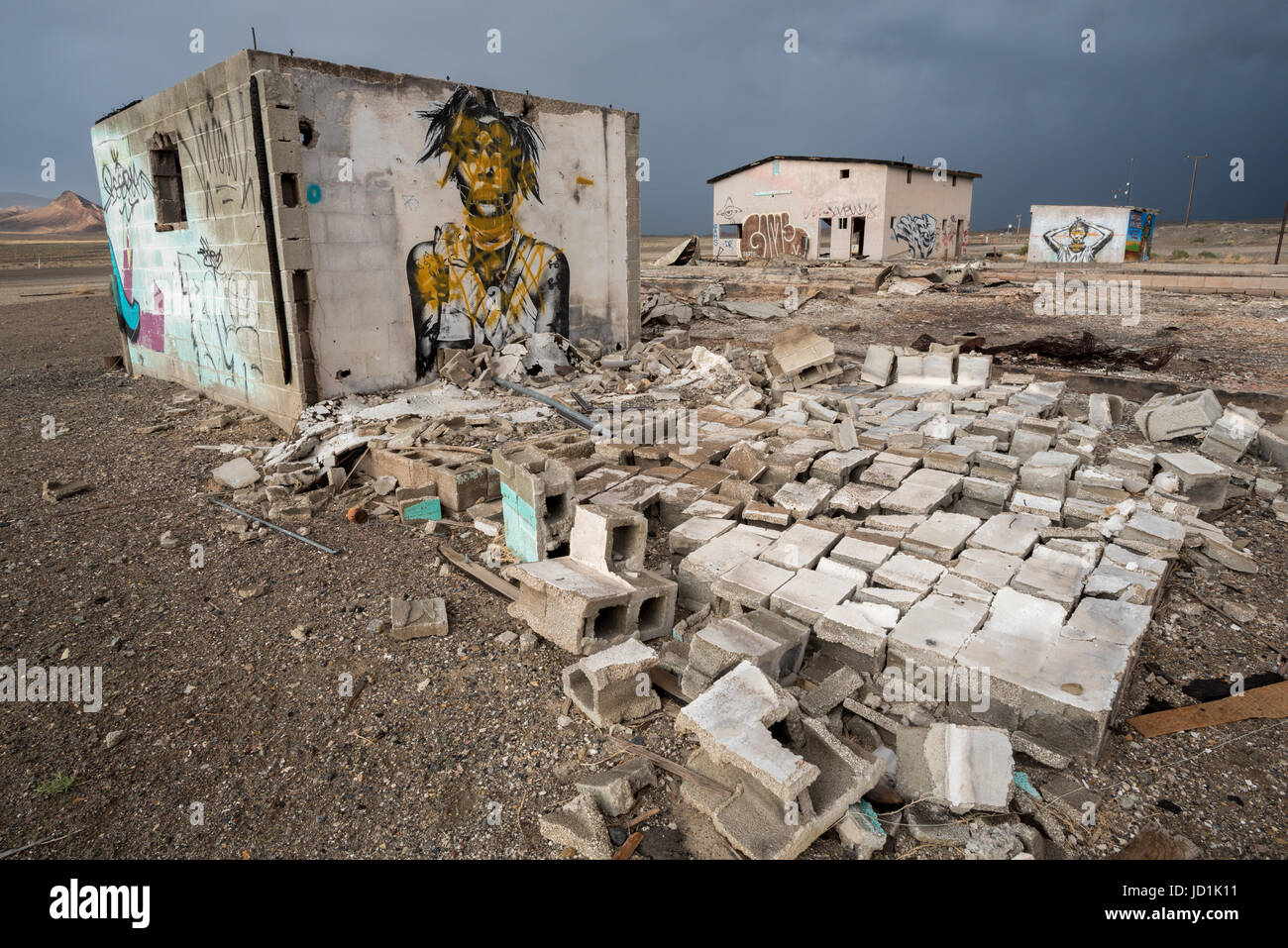 Graffiti covered buildings at the Coaldale ghost town in Nevada. Stock Photo