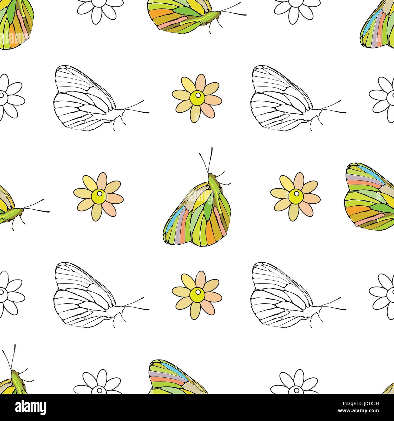 Butterfly on a white background among the flowers. Seamless pattern ...