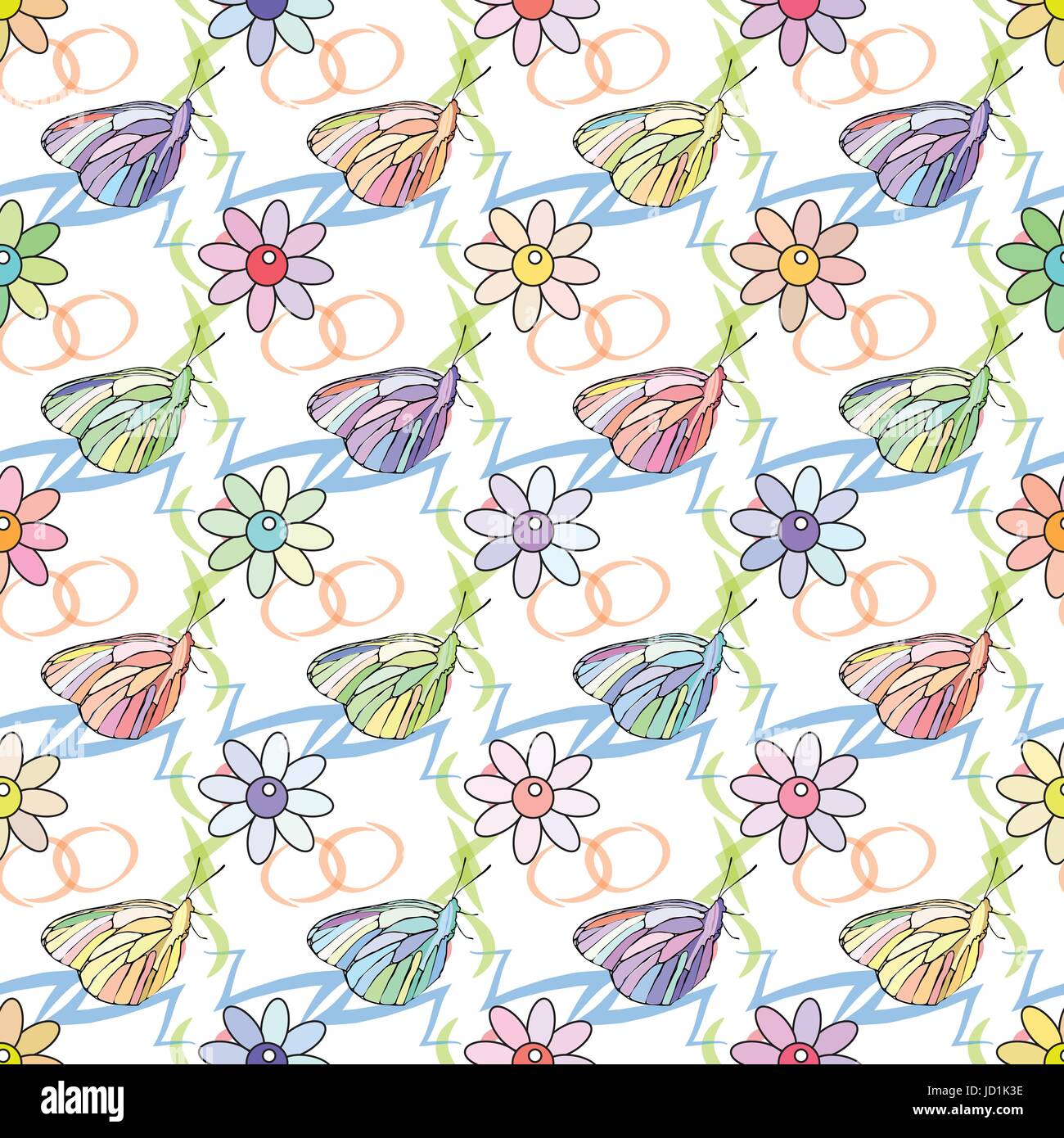 Butterfly on a white background with doodles among the flowers ...