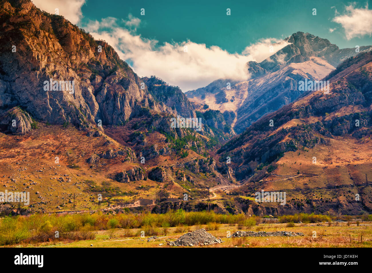 beautiful landscape of spring ravine mountains, Russia, Republic Ingushetia, instagram filter Stock Photo