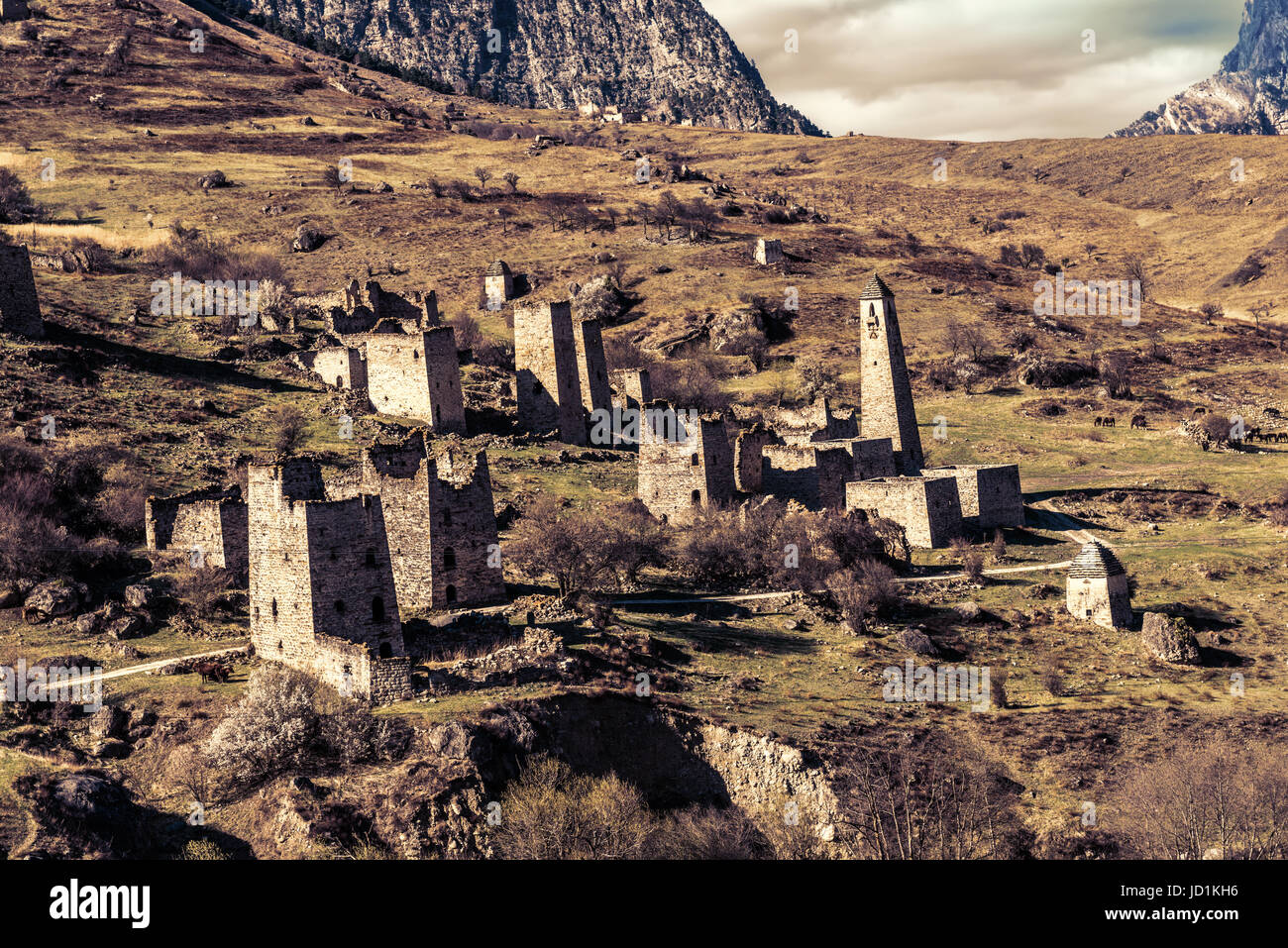 Egikal ancient towers and ruins in Ingushetia Jeyrah ravine, Republic of Ingushetia, Russia, toned style Stock Photo