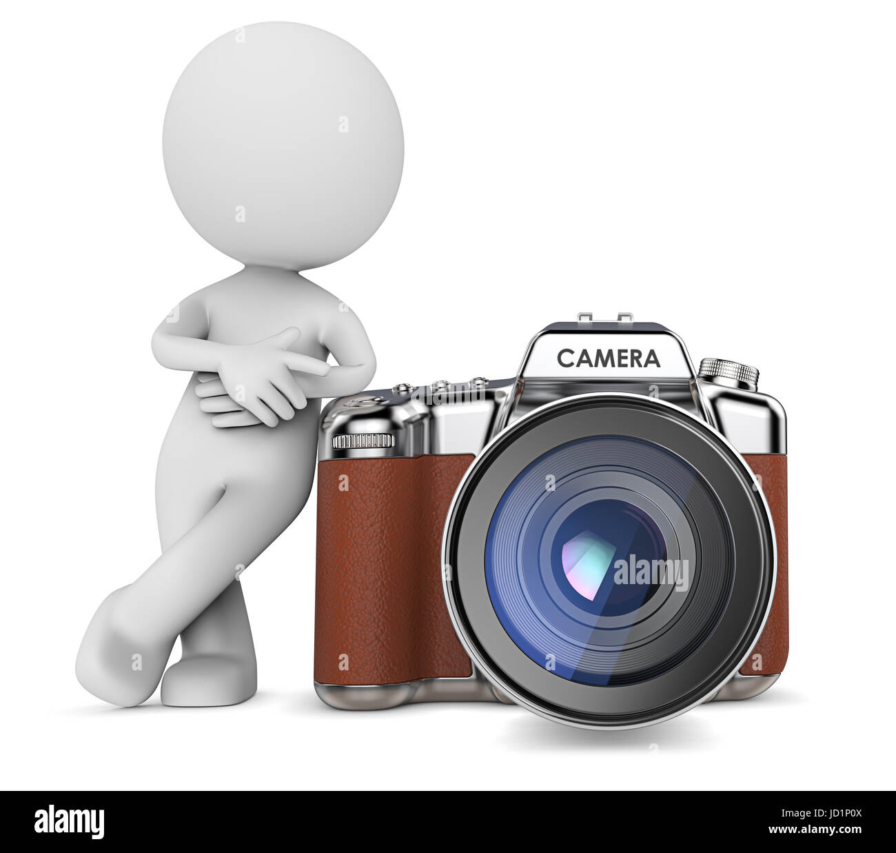 Dude 3D character the Photographer leaning against Large Camera. Retro Style Design SLR. 3d Render. Stock Photo