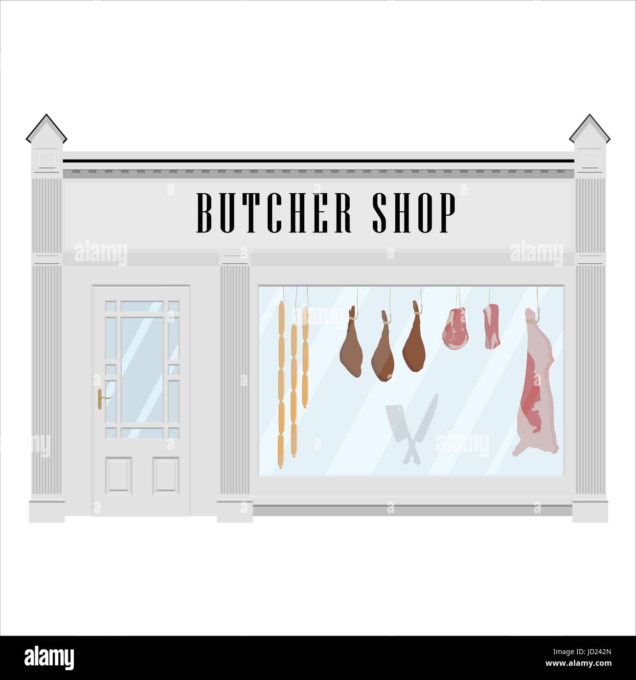 Vector illustration butcher shop facade icon. Sausages, beef carcass and steak. Butchery. Stock Vector