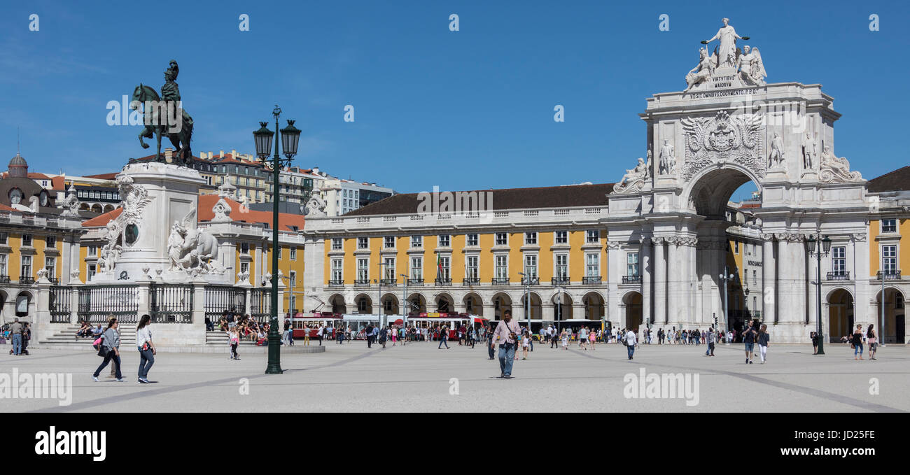 Panoramic view of Praca do Comercio (Commerce Square) in the city of Lisbon, Portugal. Stock Photo