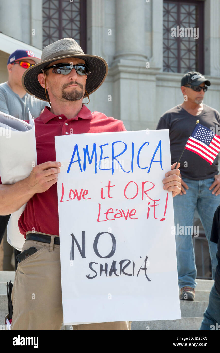 Harrisburg, Pennsylvania - About 50 members of ACT for America rallied on the steps of the Pennsylvania state capitol against Sharia law. ACT for Amer Stock Photo