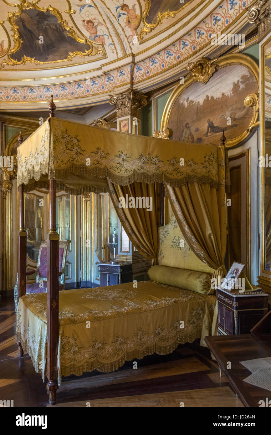 The National Palace of Queluz - Lisbon - Portugal. The Don Quixote Bed Chamber. This was the royal bedroom where King Pedro IV was born and died. Stock Photo