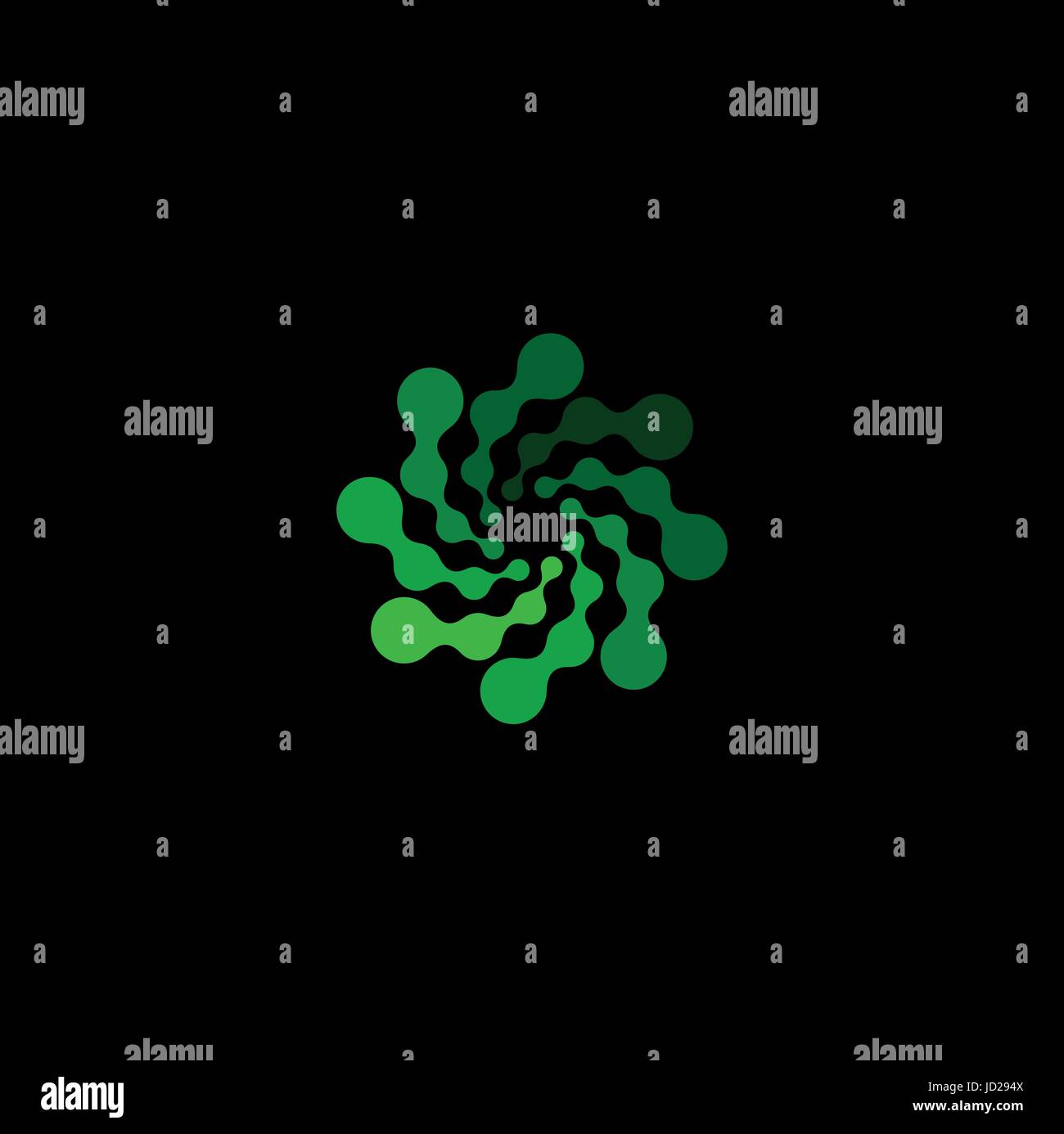 Isolated abstract green color round shape logo on black background, simple flat dotted swirl logotype, flower vector illustration. Stock Vector