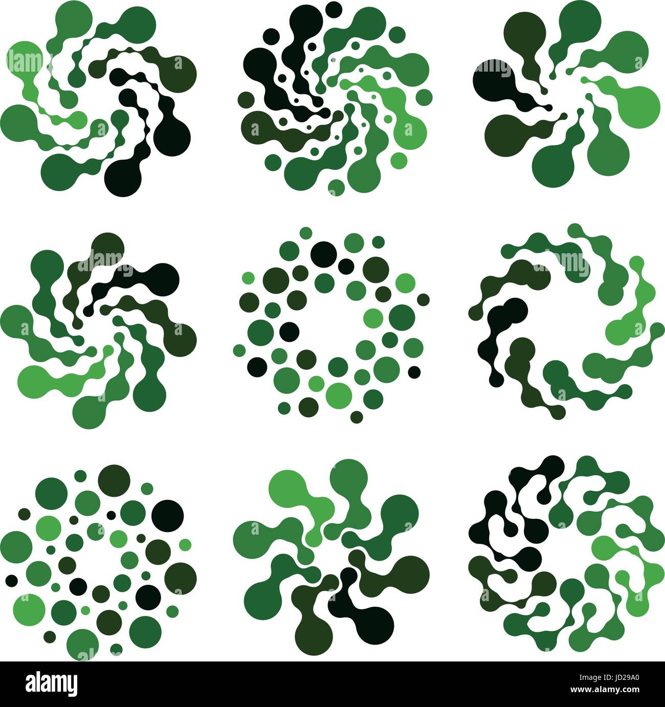 Isolated abstract green color round shape logo set on white background, simple flat dotted swirl logotype collection, flower vector illustration. Stock Vector